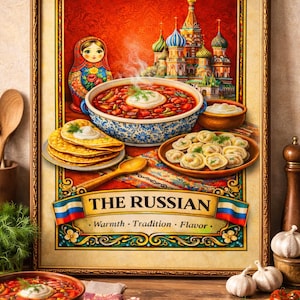 Impressão de Tarô da Comida Russa – Ilustração de Borscht, Blini e Pelmeni (Download Digital)