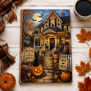 May include: A rectangular wall art print featuring a haunted house scene at night with a full moon, bats, and glowing jack-o'-lanterns. The sign reads Welcome Foolish Mortals and Trick Treat. A black cat sits on a pumpkin near the front porch steps.