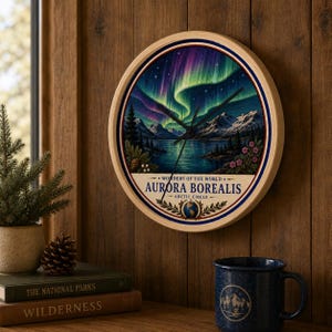 Wanduhr mit Nordlichtmotiv | Nordlicht-Landschaftsuhr