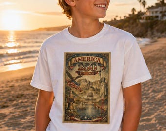 Camiseta infantil vintage del 250 aniversario de Estados Unidos / Águila patriótica, Capitolio, Faro