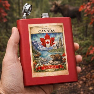 Petaca vintage con el escudo de Canadá / Diseño paisajístico con hoja de arce, alce y oso.