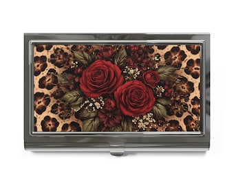 Red Rose Bouquet Leopard Print Business Card Holder | Floral Animal Print