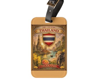 Etiqueta para equipaje con póster de viaje vintage de Tailandia / Bandera tailandesa, escena de elefantes