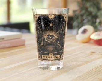 Vintage Wrestling Tarot Pint Glass | 16oz beer glass, wrestling illustration