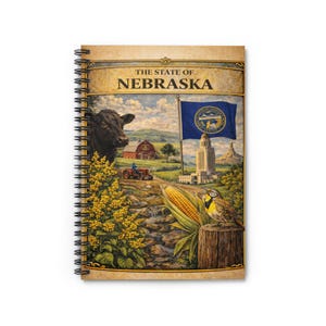 Może przedstawiać: Spiralny notatnik z kolorową ilustracją stanu Nebraska. Okładka przedstawia nazwę stanu, czarną krowę, czerwony traktor, powiewającą flagę i kolbę kukurydzy. Tło obejmuje farmę, budynek Kapitolu i ptaka.