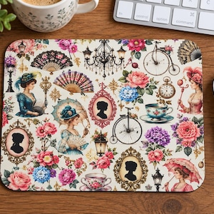 May include: A rectangular mouse pad featuring a cream-colored background with a repeating pattern of Victorian-era illustrations, including silhouettes in ornate frames, floral bouquets, tea cups, hand fans, bicycles, and street lamps.