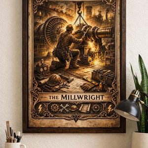 Op de afbeelding: Een ingelijste prent van een illustratie in vintage-stijl die een molenmaker aan het werk toont. De afbeelding toont een arbeider met een helm, omringd door machines, vonken en de tekst "THE MILLWRIGHT" en "XIII". Het kunstwerk heeft een sepia-tint.