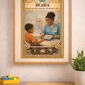 Puede incluir: Un cuadro enmarcado con el texto "BCaBA Board Certified Assistant Behavior Analyst". La imagen muestra a un profesional interactuando con un niño, usando una tableta. El marco es de color marrón claro y el fondo es blanco neutro.