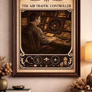 May include: Framed vintage-style print featuring an air traffic controller at work. The artwork has a sepia tone, with the text "XI" and "THE AIR TRAFFIC CONTROLLER" at the top. The image includes radar displays and aviation symbols.