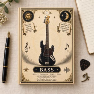 May include: A rectangular notebook with a cream-colored cover featuring a black electric bass guitar illustration, sun and moon icons, and text including 'FEEL THE RHYTHM. HOLD THE FOUNDATION.', 'EVERY GREAT SONG STARTS WITH A SOLID GROOVE.', and 'BASS'.