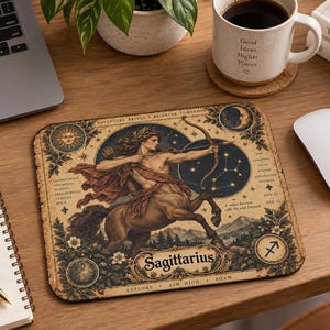May include: A rectangular mouse pad featuring a central illustration of a centaur archer representing the Sagittarius zodiac sign. The design includes celestial motifs, a sun, a moon, and the text Sagittarius, surrounded by decorative floral borders.