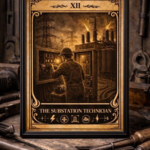 May include: Framed artwork depicting an electrician working on electrical equipment in a substation. The image is in sepia tones with the text "THE SUBSTATION TECHNICIAN" and other symbols. The artwork is surrounded by a black frame.
