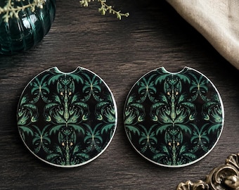 Green Damask Car Coasters Set of 2, Ceramic Cup Holder Coasters, Dark Floral Car Accessories, Gothic Car Decor