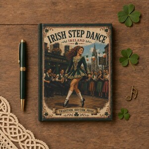 May include: A rectangular notebook with a dark green cover featuring an illustration of an Irish step dancer and musicians in front of a pub. The text reads IRISH STEP DANCE IRELAND and TRADITION. RHYTHM. PRIDE. A dark green pen is placed to the left.