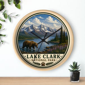 Lake Clark National Park Bear Landscape Wall Clock | Mountain Lake Scene