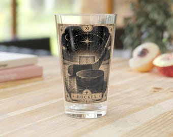 Vaso de pinta de tarot de hockey vintage / Discos de hockey, palo, arte de portería