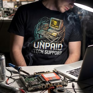 Op de afbeelding: Een zwart t-shirt met de tekst "UNPAID TECH SUPPORT" en een afbeelding van een vintage computer met een schedel op het scherm. De afbeelding toont een persoon die aan computerhardware werkt met een soldeerbout en een laptop.