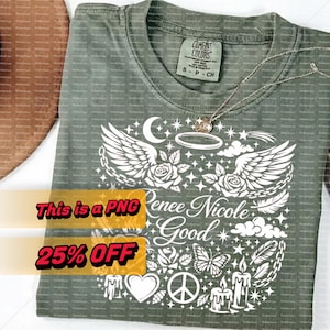 May include: Sage green Comfort Colors t-shirt with a white graphic design featuring wings, roses, a crescent moon, and the words "Renee Nicole Good." A silver necklace rests on the shirt. The shirt is a size small.