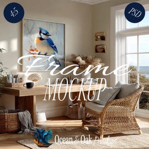 May include: A framed artwork featuring a blue jay perched on a branch, displayed in a well-lit room. The room includes a wooden desk, a wicker chair, and decorative elements. The artwork is the focal point, adding a touch of nature to the interior.
