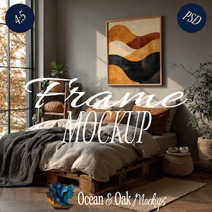May include: A bedroom mockup featuring a bed with a gray blanket and pillows, a framed abstract art piece, and a window. The text "Frame Mockup" is displayed across the image. The overall theme is a cozy, modern interior.