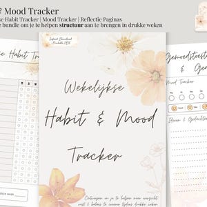 Op de afbeelding: Een afdrukbare bundel voor het volgen van gewoonten en stemmingen met een bloemmotief. De omslag bevat de tekst "Habit & Mood Tracker" in een handschrift. De pagina's bevatten secties voor wekelijkse gewoonten, het volgen van de stemming en reflecties.