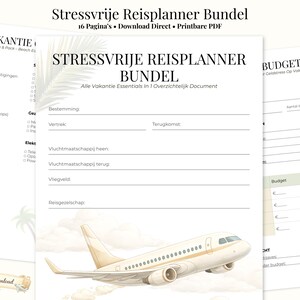 Op de afbeelding: Een afdrukbare reisplannerbundel met de titel "Stressvrije Reisplanner Bundel" en de tekst "Alle Vakantie Essentials in 1 Overzichtelijk Document". Het ontwerp bevat een aquarel illustratie van een vliegtuig en palmbomen.