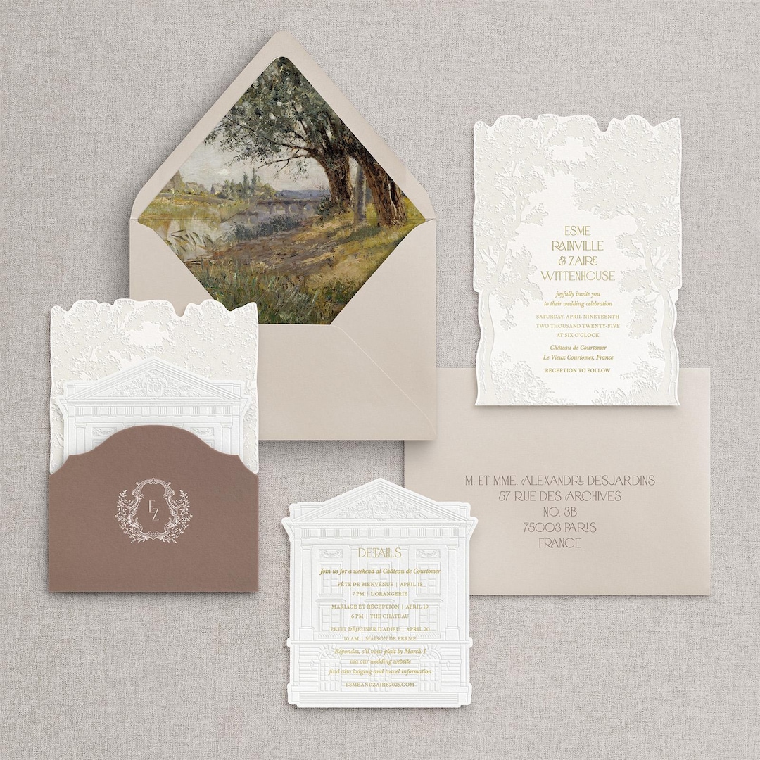 Quaint Wedding Invitation Sample: Letterpress, Gold Foil, and Bone ...