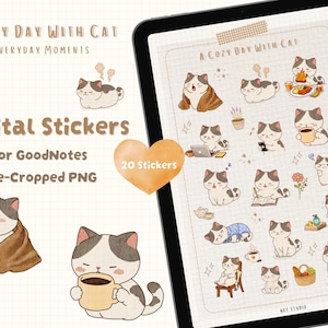 Könnte beinhalten: Digitale Sticker für GoodNotes mit einer Katze in verschiedenen gemütlichen Posen. Die Sticker zeigen eine Katze in einer Decke, beim Kaffeetrinken und bei der Benutzung eines Laptops. Der Text "A Cozy Day With Cat" ist zu sehen.