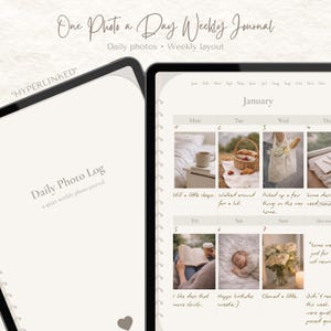 Cyfrowy szablon dziennika fotograficznego Tygodniowy dziennik na iPada GoodNotes Hiperłącza Miesięczne Minimalne przechowywanie pamięci