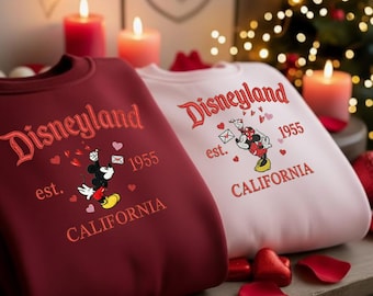 Felpa vintage ricamata Disneyland California est 1955, maglietta per coppia Topolino e Minnie, felpa Disney di San Valentino, magliette per coppia Disney