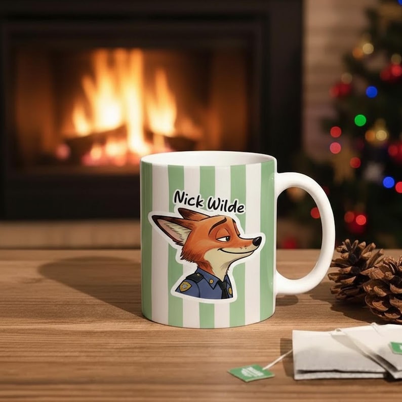 Peut inclure: Mug en c&eacute;ramique blanche avec un motif &agrave; rayures vertes et blanches. La tasse pr&eacute;sente une image de dessin anim&eacute; de Nick Wilde de Zootopie, avec le nom "Nick Wilde" imprim&eacute; au-dessus de l'image. La tasse a une anse blanche.