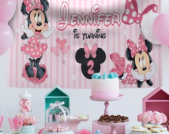 Aangepaste Minnie Mouse-verjaardagsbanner, feestachtergrond