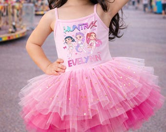 Conjunto de tutú personalizado de K-Pop Huntrix, vestido de tutú para niñas Hunter Slayer, disfraz de fiesta de cumpleaños inspirado en el anime.