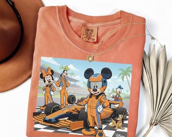 Comfort Colors Racing Disney All Characters F1 Tee, F1 Mickey & Minnie Pit Crew Tee, Racing Fan Gift