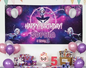 Fondo de pancarta de araña fantasma, pancarta de cumpleaños de Spidey y sus increíbles amigos, fiesta de cumpleaños de Gwen, fondo de mesa de postres, cumpleaños de Disney
