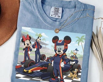 Comfort Colors Racing Disney All Characters F1 Tee, F1 Mickey & Minnie Pit Crew Tee, Racing Fan Gift