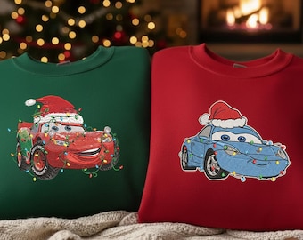 Sudadera bordada de Cars de dibujos animados: McQueen y Sally Couple Crewneck