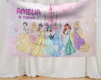 Aangepaste Disney prinses verjaardag banner achtergrond, Disney prinses achtergrond, verjaardag banner, prinses feest achtergrond, prinses feest decor