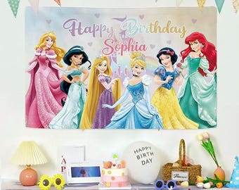 Custom Disney Princess Birthday Banner Backdrop, Disney Princess Backdrop, Birthday Banner, Princess Party Backdrop, Princess Party Decor