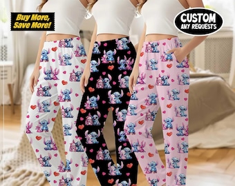 Pantalones de pijama de Stitch y Angel para San Valentín, pantalones de pijama para el Día de San Valentín, pantalones de pijama con personajes de dibujos animados de San Valentín, el mejor regalo para parejas