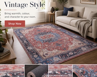 Tappeto persiano lavabile rosso ruggine - Tappeto antiscivolo in ciniglia con medaglione floreale vintage