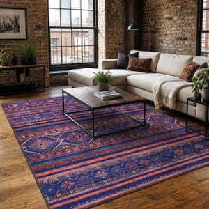Purple Pink Tribal Stripe Chenille Rug – Machine Washable, Non-Slip, Boho Design