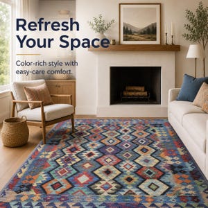 Colorful Kilim Washable Rug – Boho Geometric Diamond Area Carpet, Southwestern Tribal Pattern