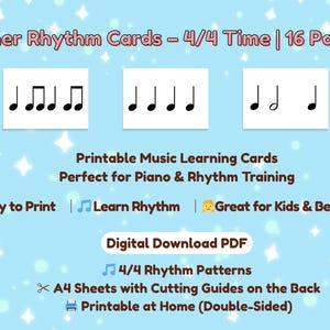 以下が含まれることがあります： 水色の背景に、黒い音符が表示された3枚の白いカードがあります。上部のテキストは「Beginner Rhythm Cards - 4/4 Time | 16 Patterns」と書かれています。その他のテキストには「Printable Music Learning Cards」と「Digital Download PDF」が含まれています。
