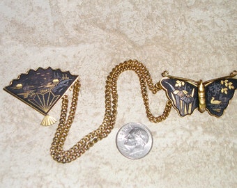 Vintage Signed Amita Japan Damascene Fan And Butterfly Chatelaine Brooch Pins. Splendid Piece 1960's Jewelry 2296