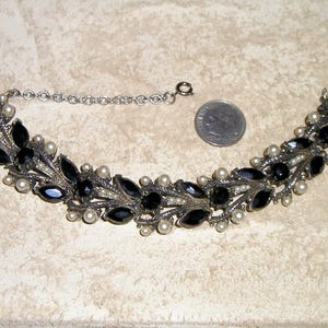 Signed Florenza Faux Pearl And Black Rhinestone Bracelet, With Safety Chain 1960&#39;s Jewelry 1002