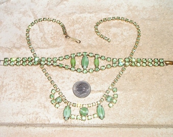 Vintage Lime Green Rhinestone Bracelet Choker Necklace Set With Glass Moonstone Accents. Chic! 1950's Jewelry 4144