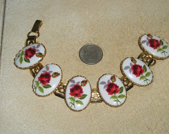 Vintage Lovely Ceramic Rose Panel Bracelet. Posh! 1970's Jewelry 6035
