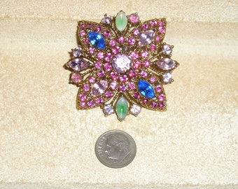 Vintage Lovely Pink And Blue Rhinestone Brooch Pin With Green Art Glass Accents 1960's Jewelry 4135