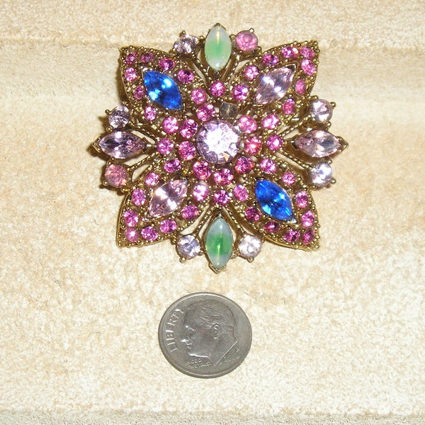 Vintage Lovely Pink And Blue Rhinestone Brooch Pin With Green Art Glass Accents 1960's Jewelry 4135